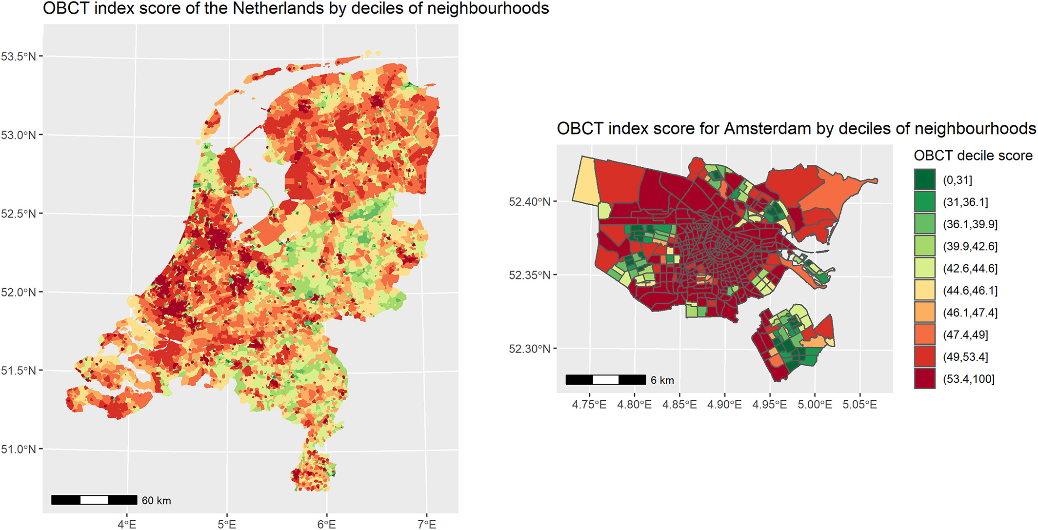 OBCT index score for all neighborhoods in the Netherlands (left) and the municipality of Amsterdam (right) in 2016. Darker red indicated higher obesogenicity. The score is graphically presented in deciles. OBCT, Obesogenic Built Environment CharacterisTics