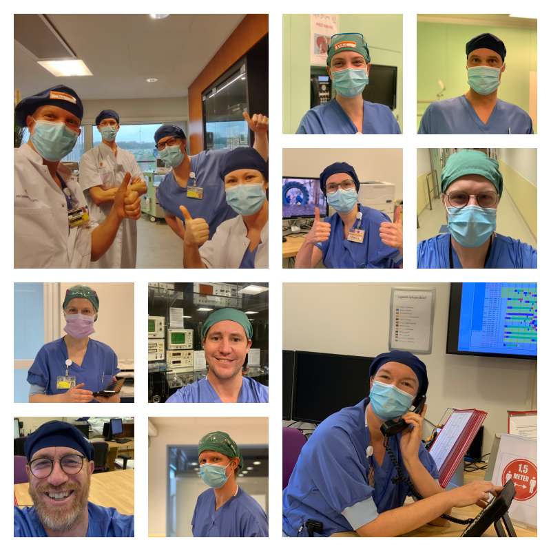 Collage van medewerkers met een wasbare muts voor op de operatiekamer.