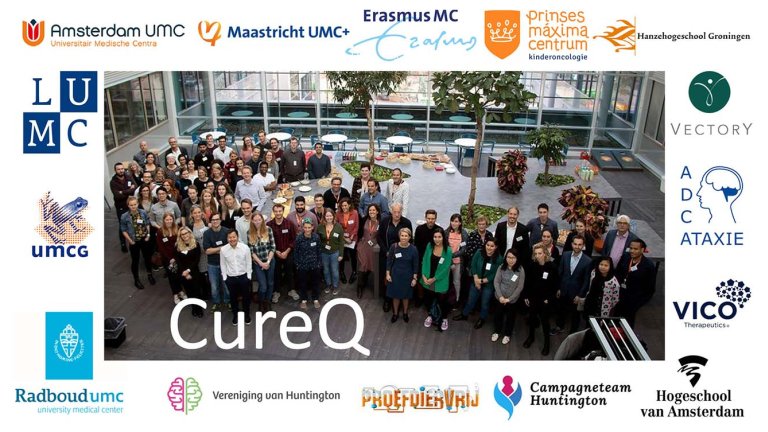 Group picture of the CureQ consortium surrounded by the company logos