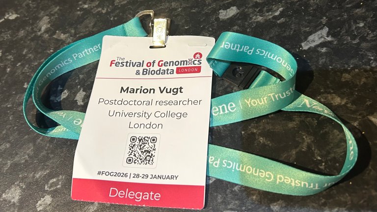 Marion's badge at the Festival of Genomics and Biodata in London.