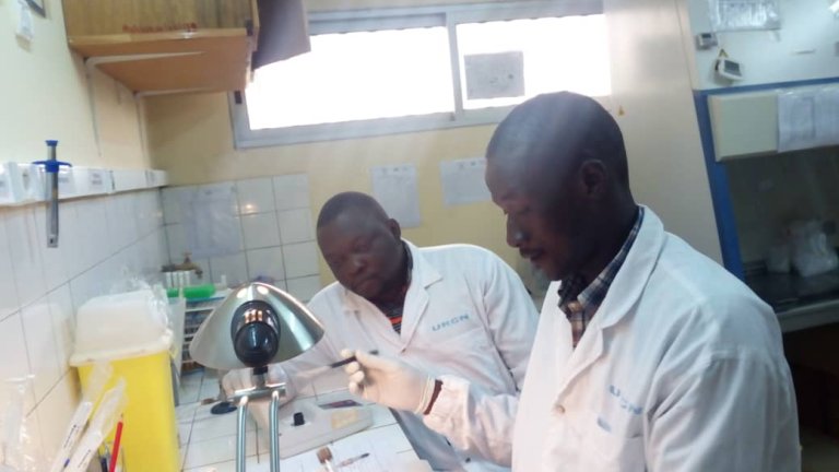 Photo: Dr. Francois Kiemde (left) and Dr. Massa Bonko (right), two former PhD students of Dr. Schallig and Dr. Mens. They will lead the PATHFINDER research in Nanoro, Burkina Faso. Dr. Kiemde is the project's scientific lead in Burkina Faso.