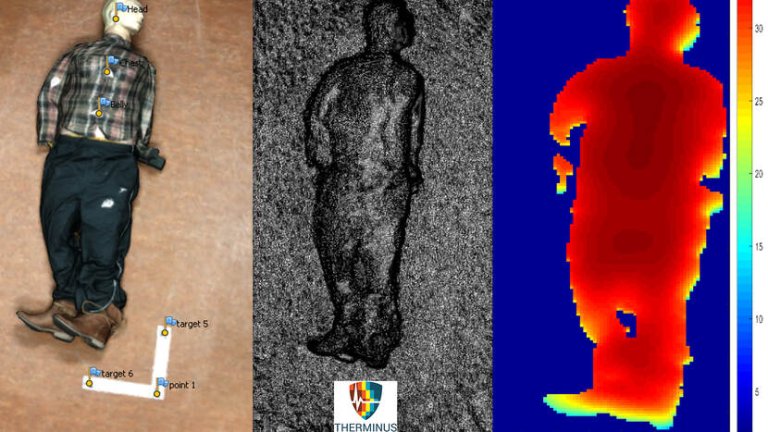 Foto 1: lichaam met thermobuttons, foto 2: 3D model van lichaam, foto 3 is thermomodel van lichaam.